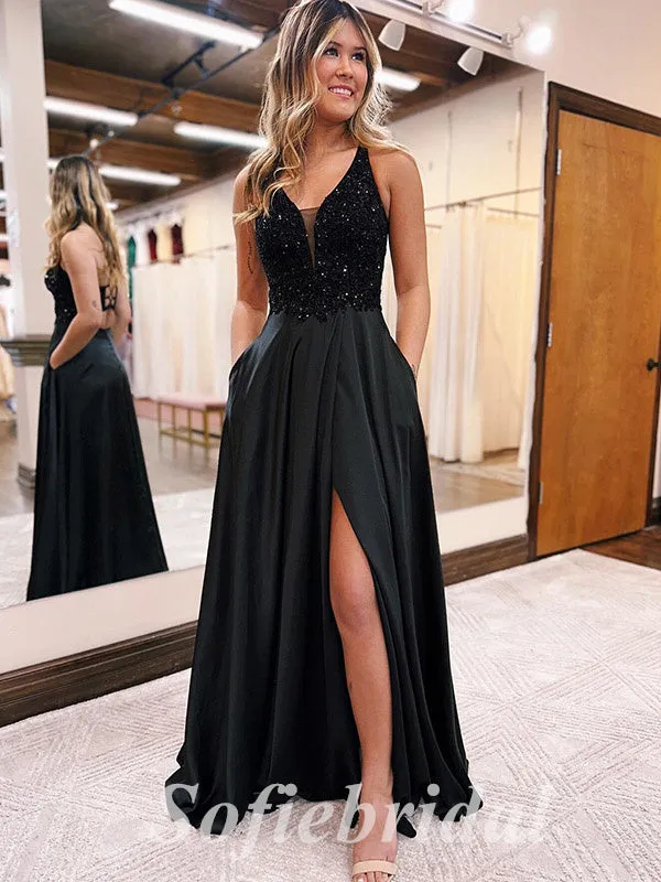 Elegant Sequin And Satin Spaghetti Straps V-Neck Sleeveless Lace Up Side Slit A-Line Long Prom Dresses,SFPD0692