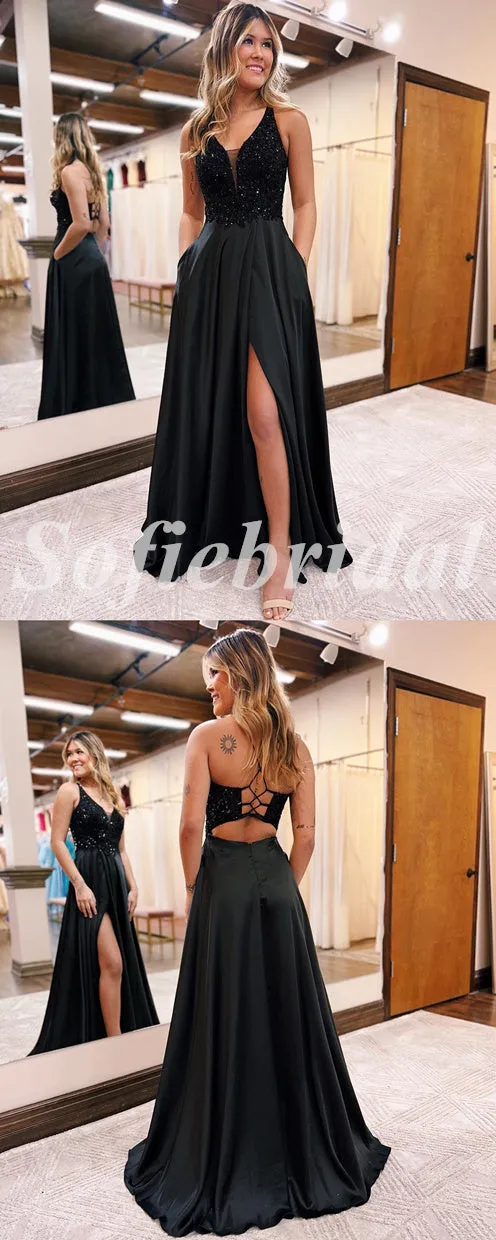 Elegant Sequin And Satin Spaghetti Straps V-Neck Sleeveless Lace Up Side Slit A-Line Long Prom Dresses,SFPD0692