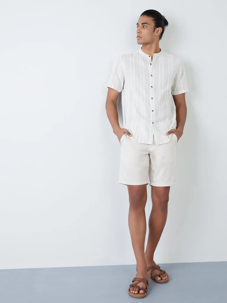 ETA Ecru Self-Patterned Slim-Fit Mid-Rise Shorts