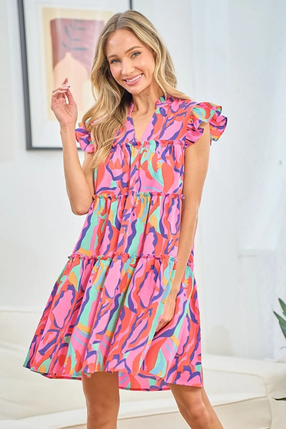 First Love Full Size Printed Ruffle Cap Sleeve Tiered Dress