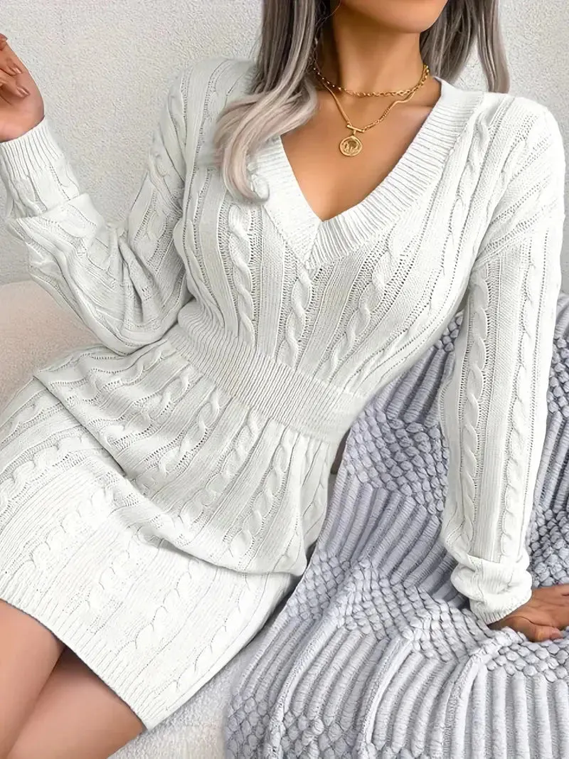 Flytonn- Cable Knit V Neck Sweater Dress