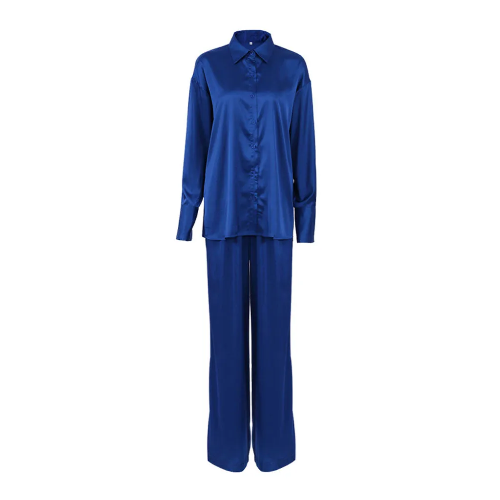 Glossy Satin Blouse Wide Leg Pant Matching Set - Royal Blue