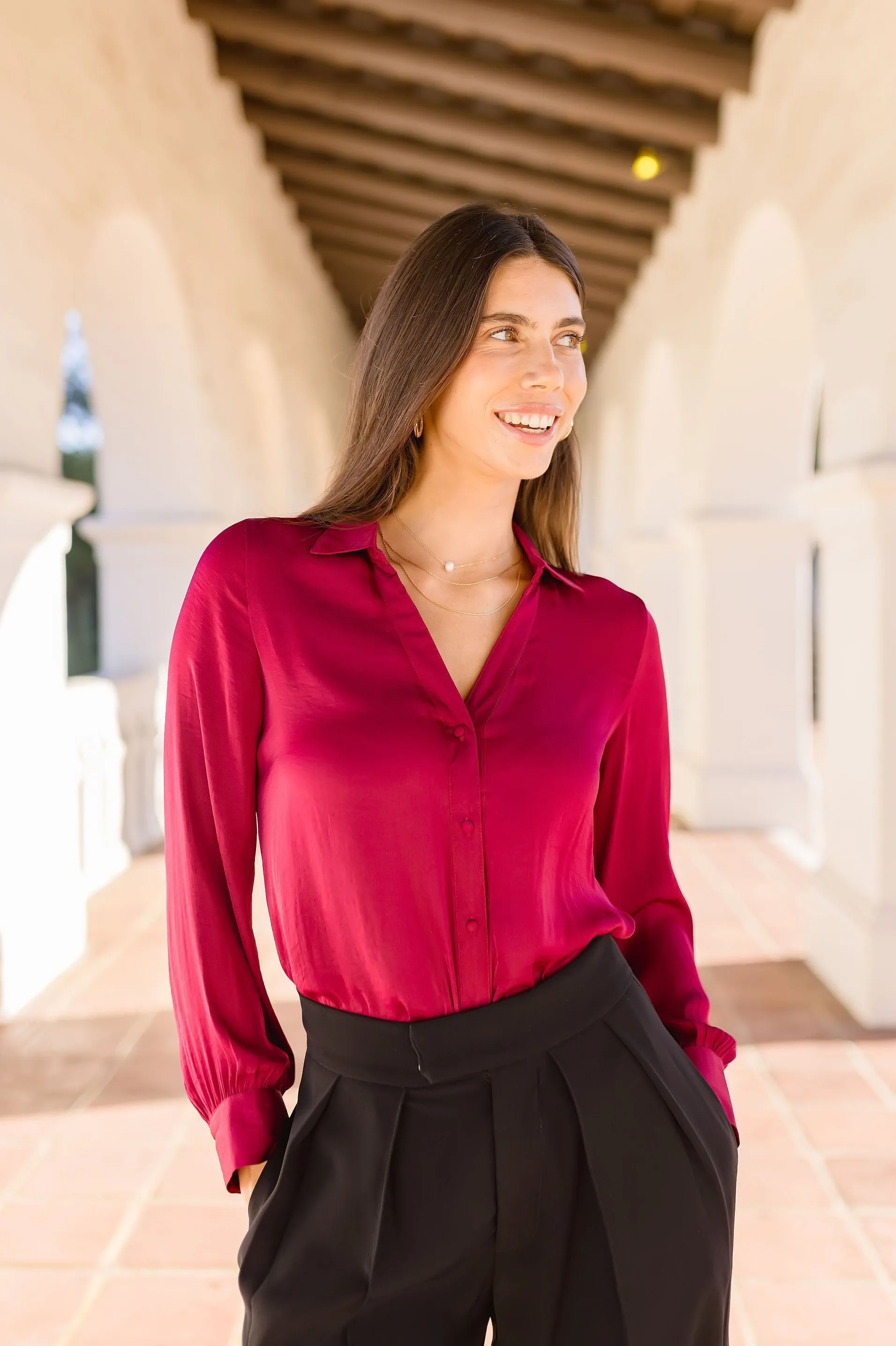 Grace Long Sleeve Button Down Satin Top Burgundy