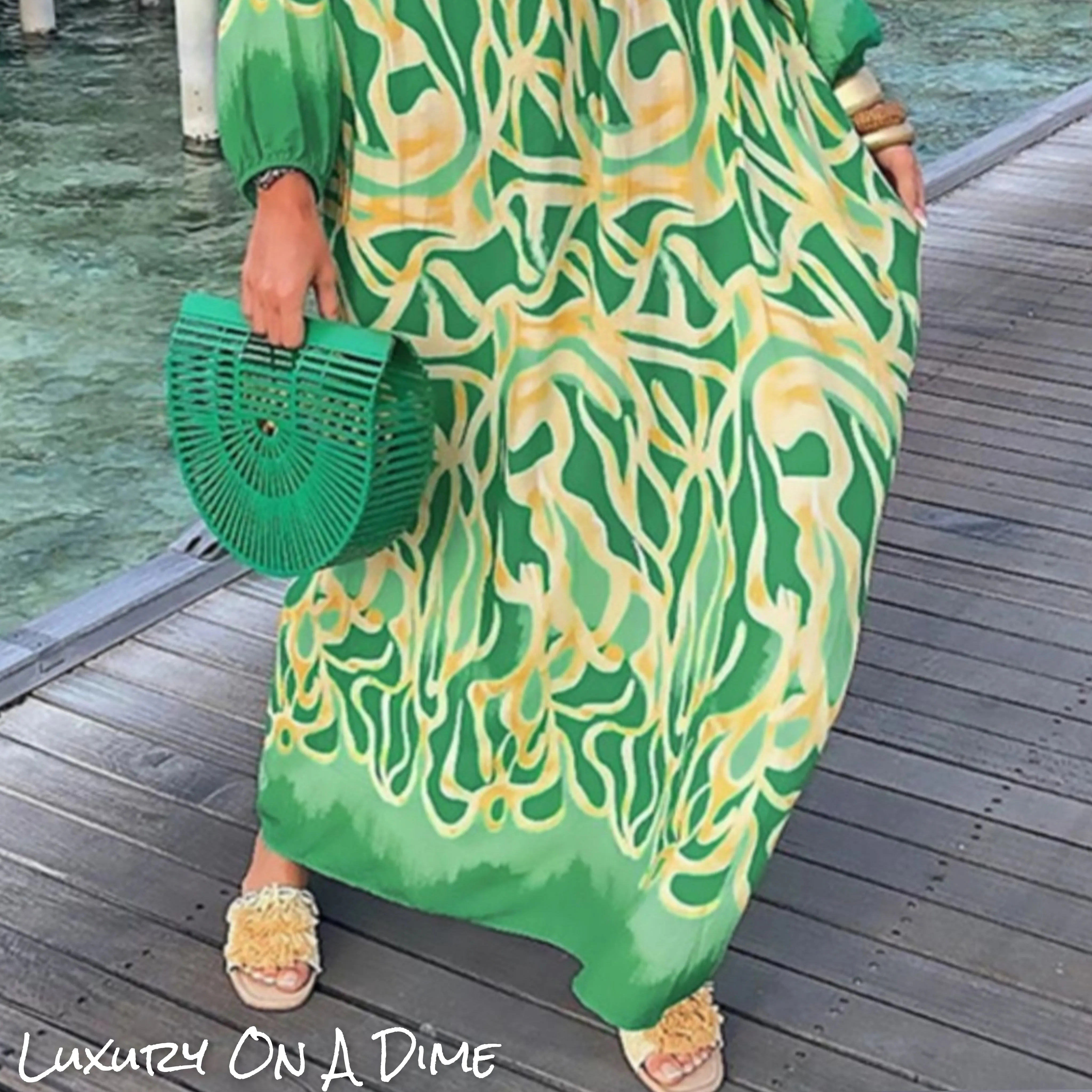 Green Abstract Button Chest Oversized Long Sleeve Dress