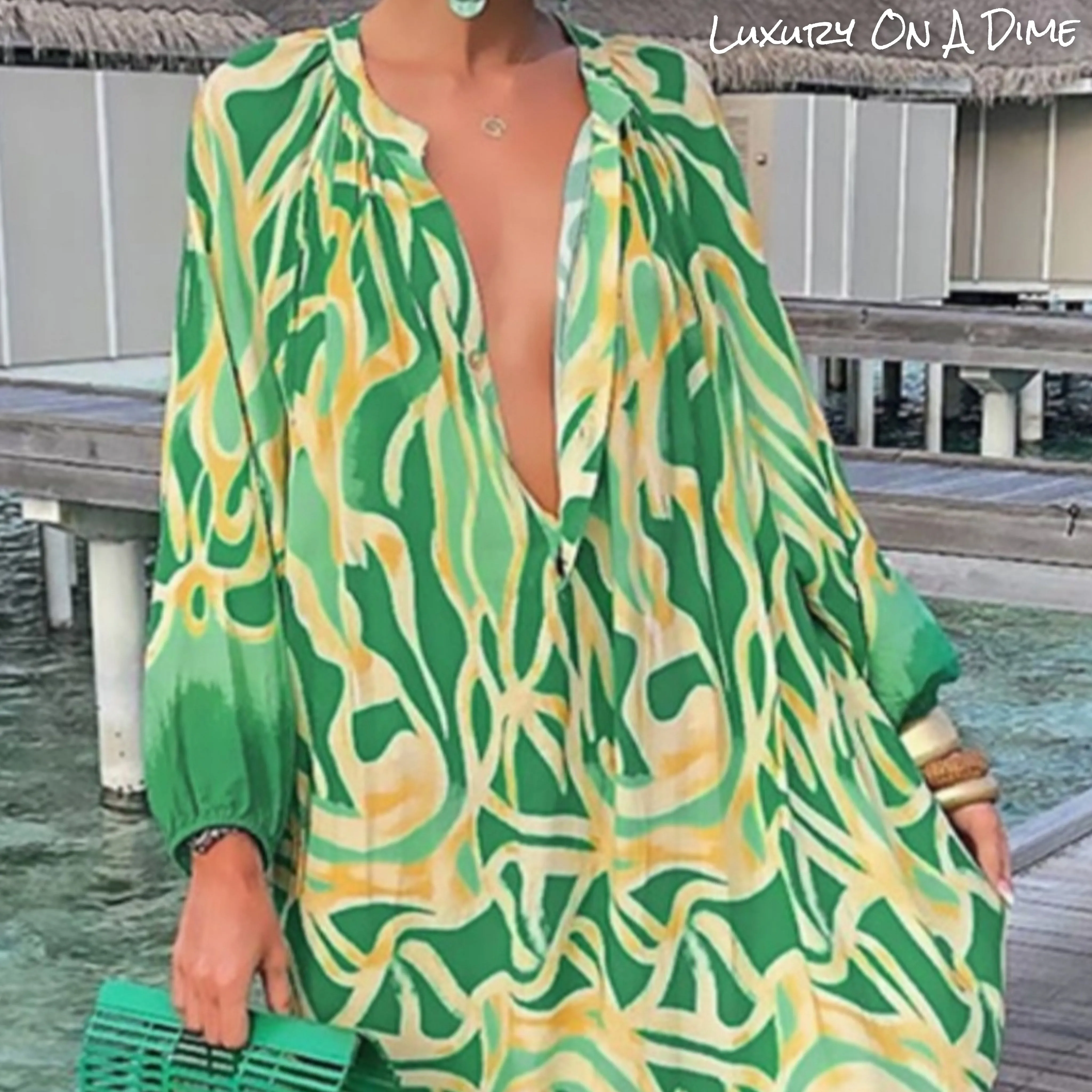 Green Abstract Button Chest Oversized Long Sleeve Dress