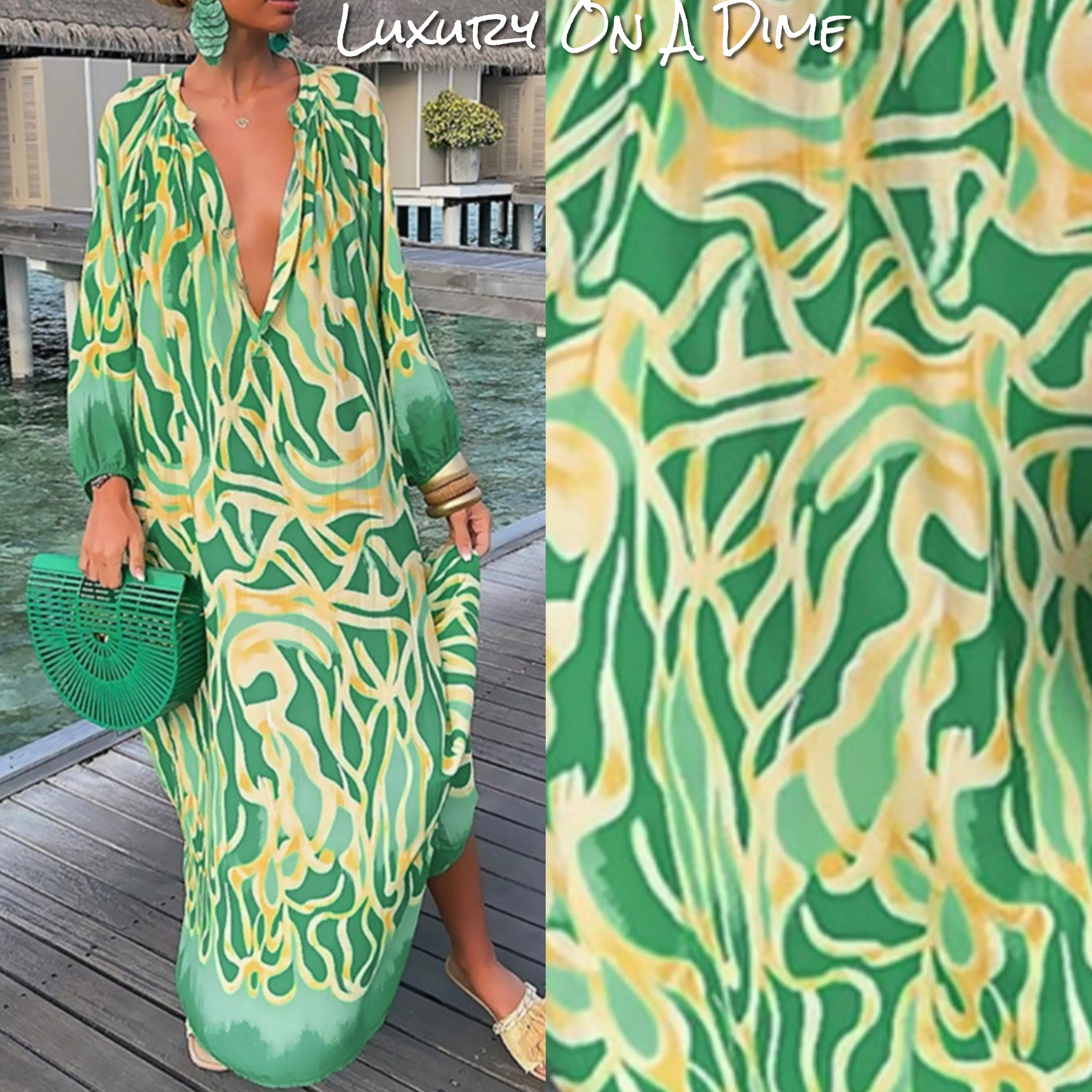 Green Abstract Button Chest Oversized Long Sleeve Dress