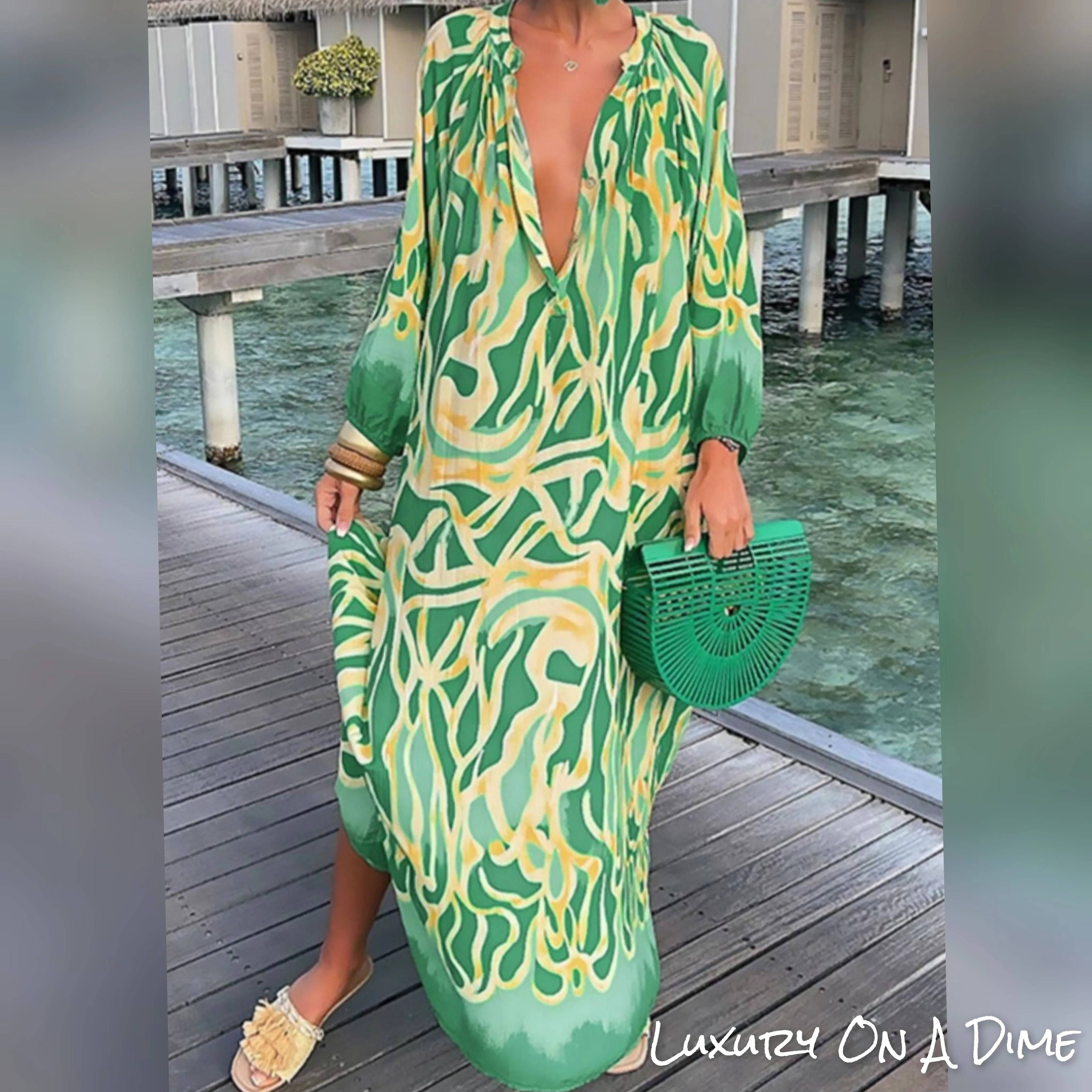 Green Abstract Button Chest Oversized Long Sleeve Dress