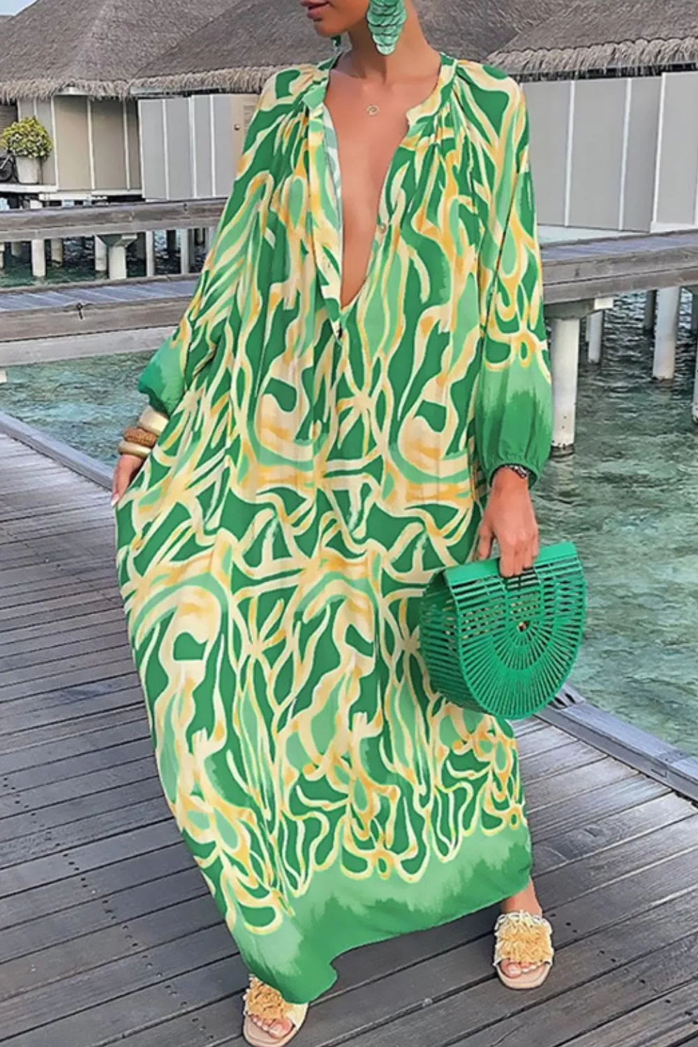 Green Abstract Button Chest Oversized Long Sleeve Dress