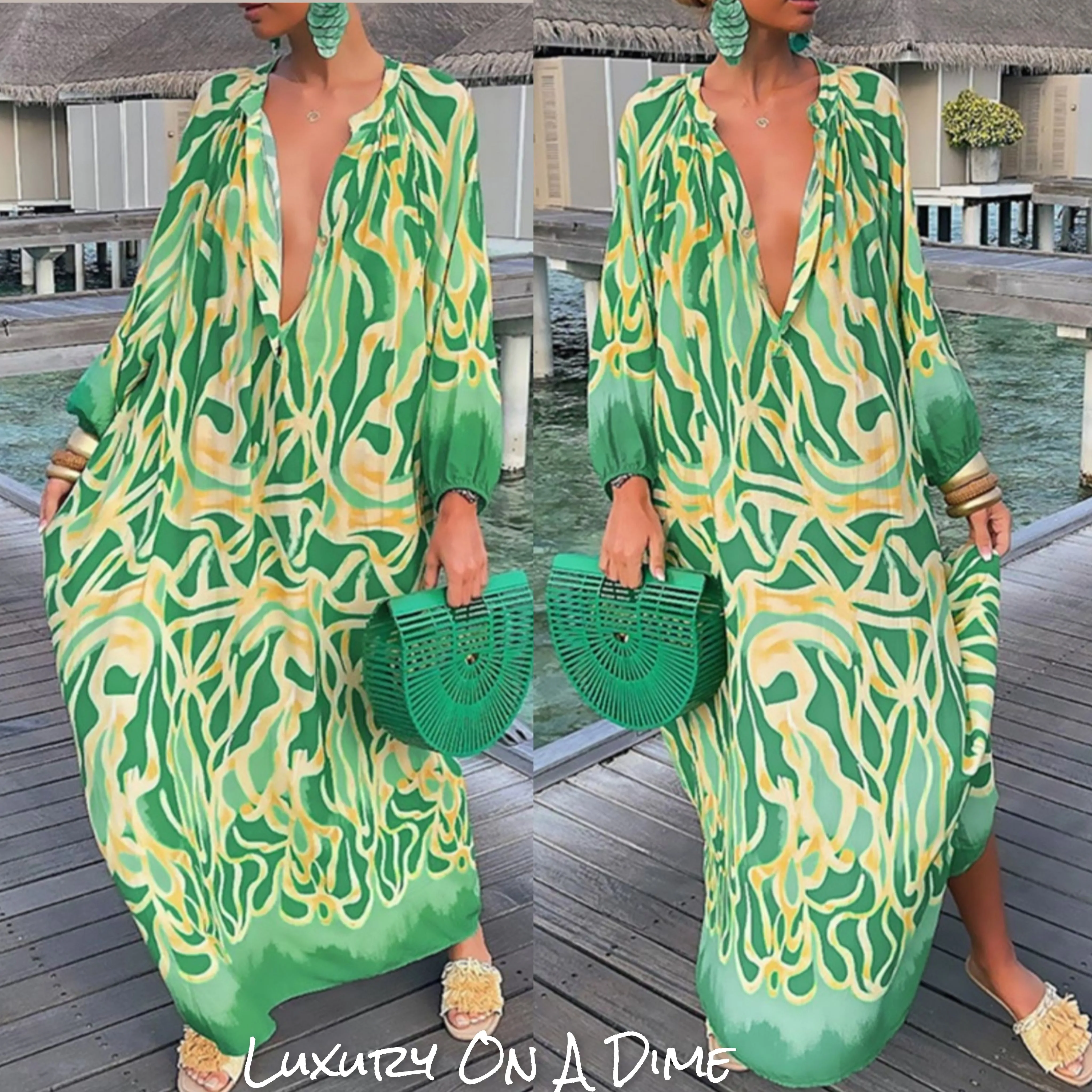 Green Abstract Button Chest Oversized Long Sleeve Dress