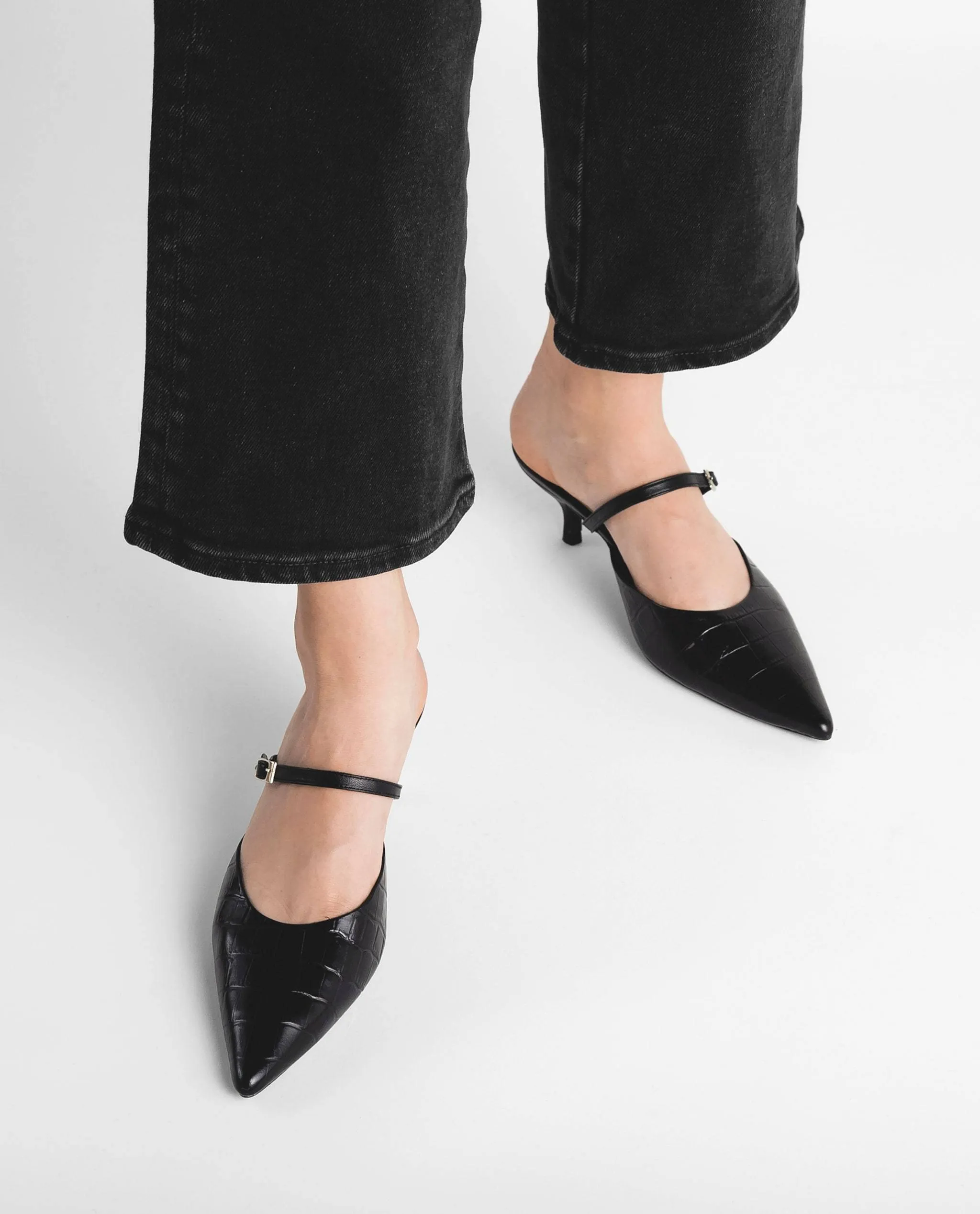 Hilda Croco Leather Black Mule Shoes