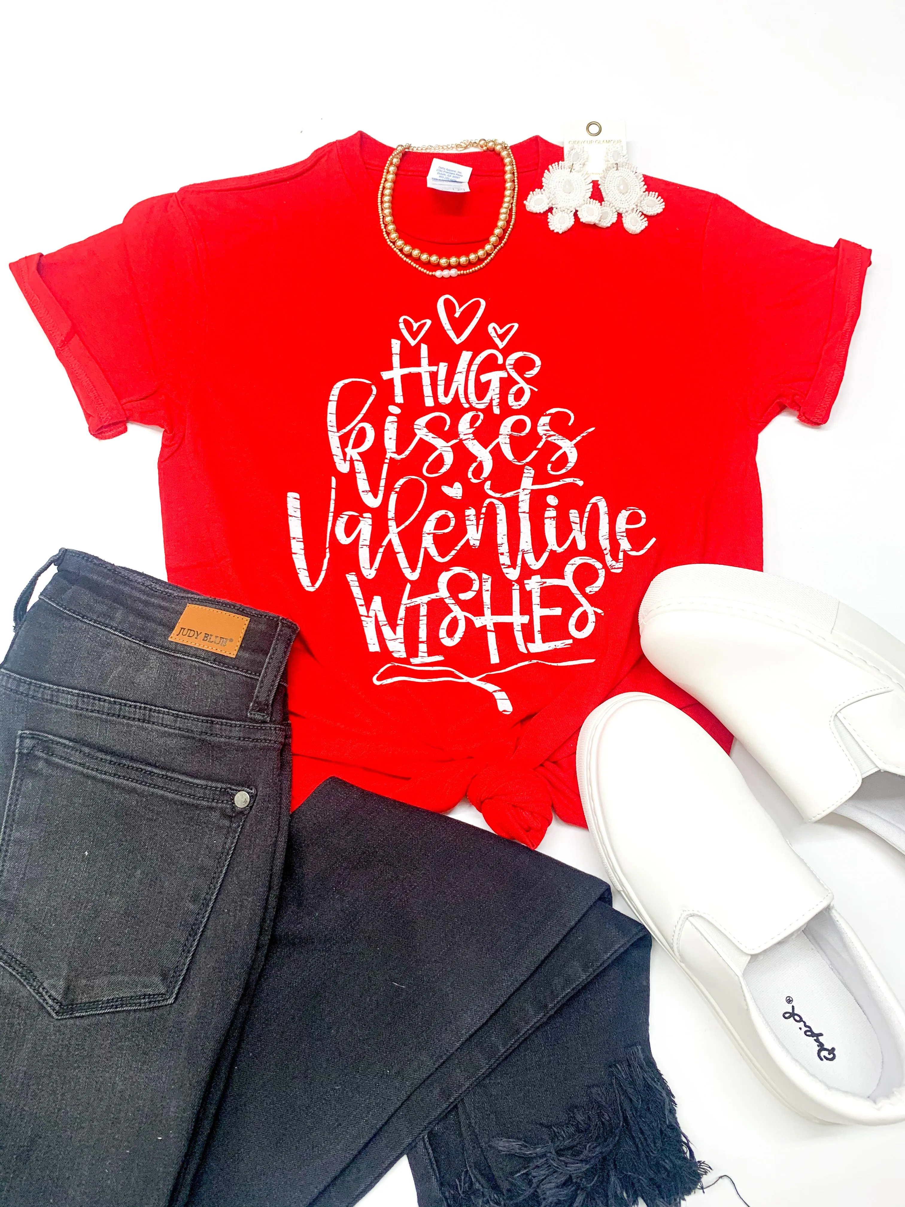 Hugs, Kisses, and Valentine Wishes Graphic Tee in Red