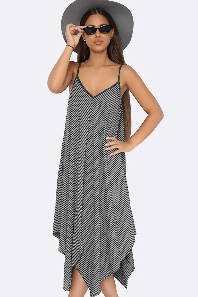 Italian Pinstripe Strappy Hanky Hem Dress.