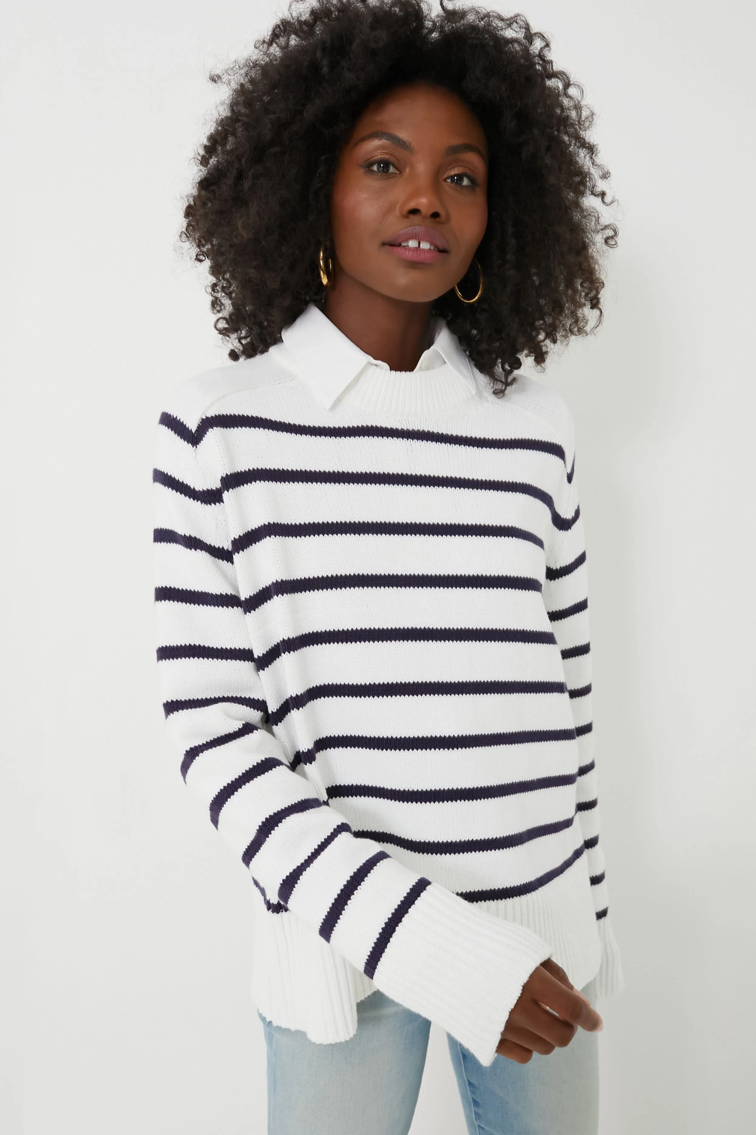 Ivory and Navy Cotton Striped Bryant Sweater