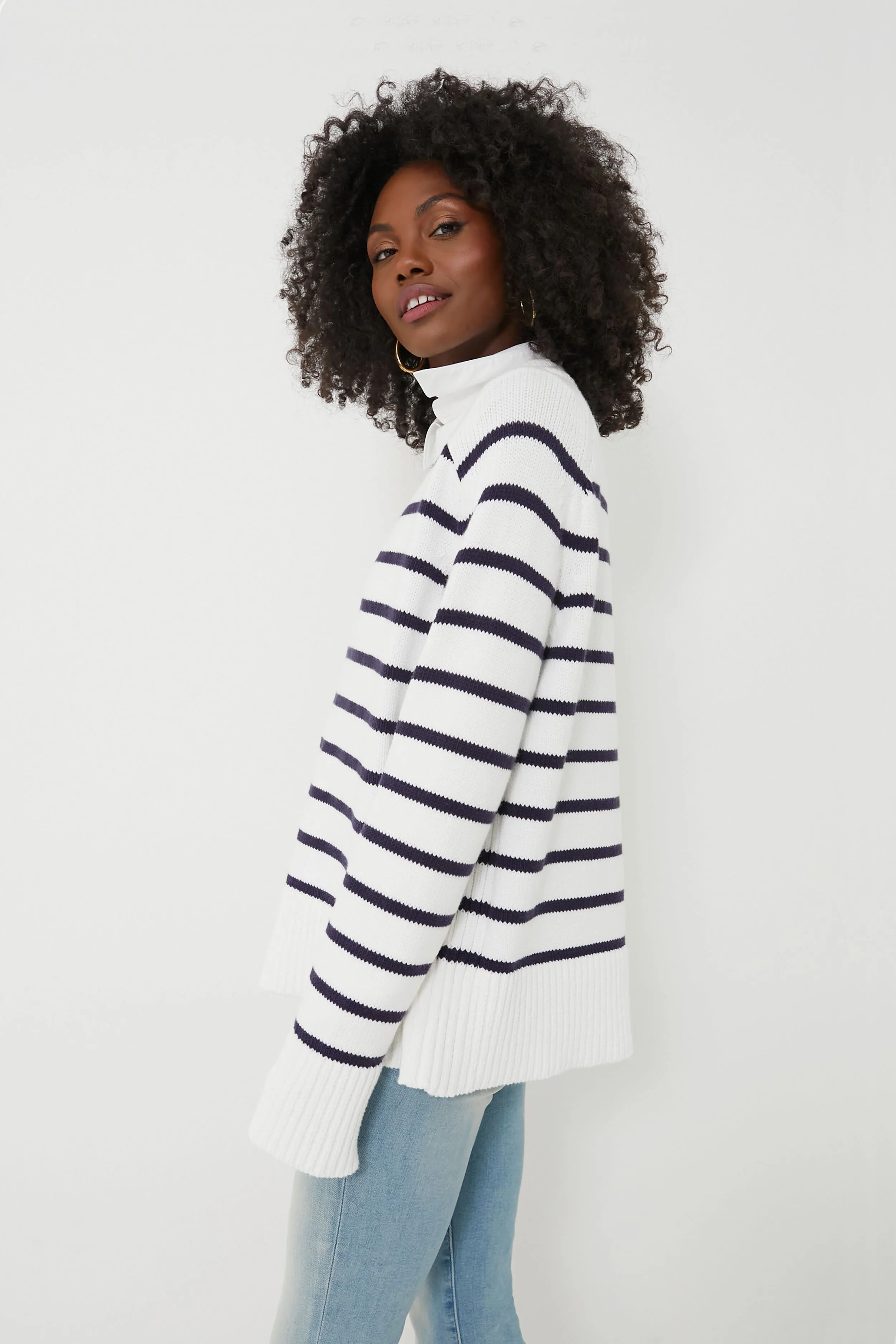 Ivory and Navy Cotton Striped Bryant Sweater