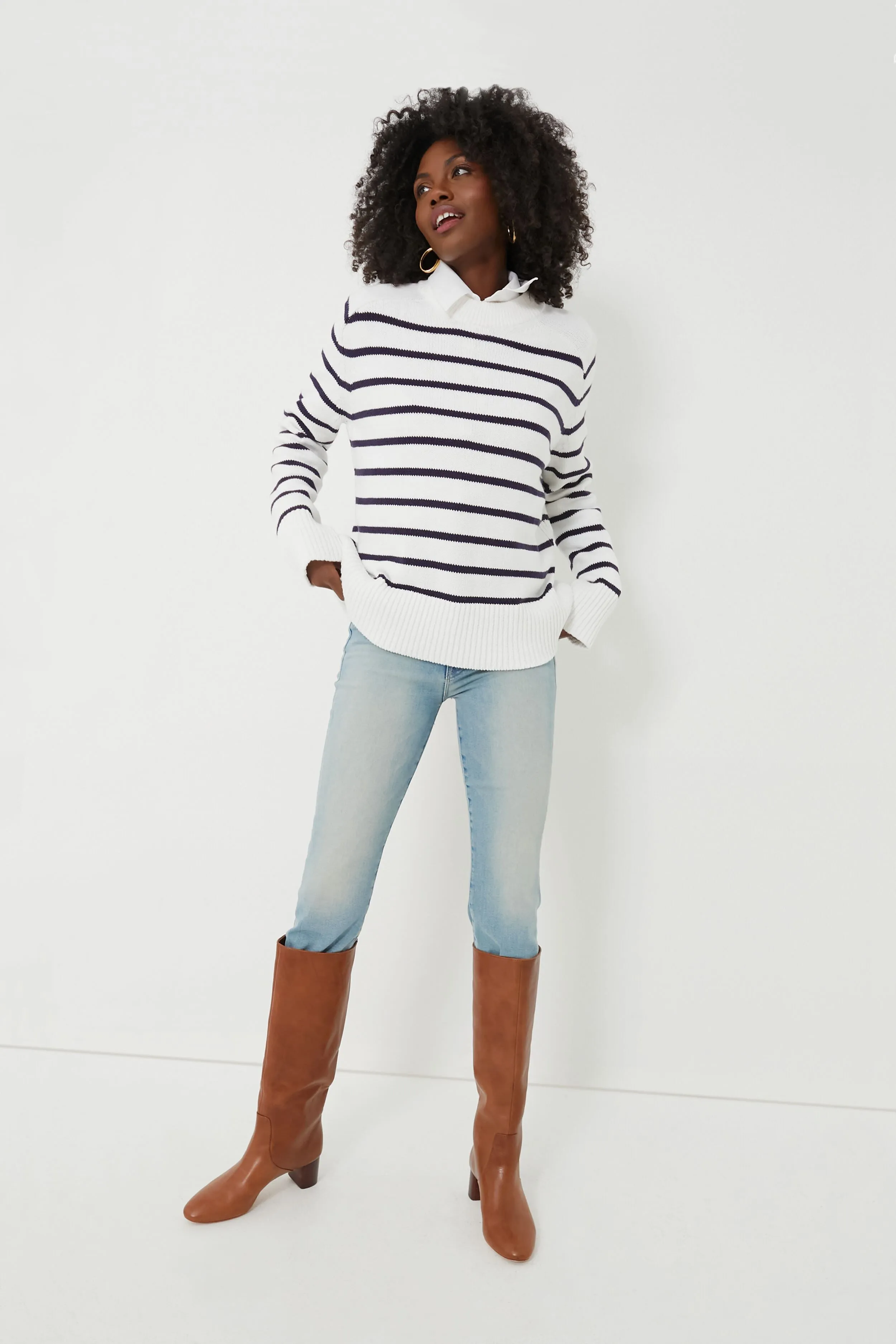 Ivory and Navy Cotton Striped Bryant Sweater