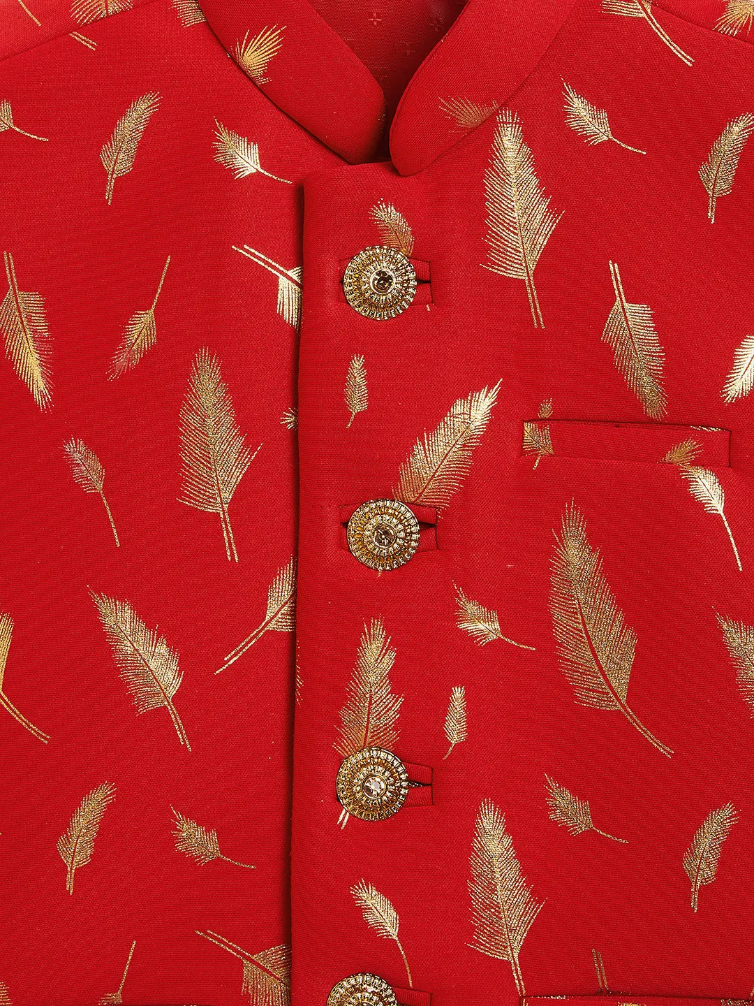 Jashvi Red And Gold Scuba Foil Print Nehru Jacket