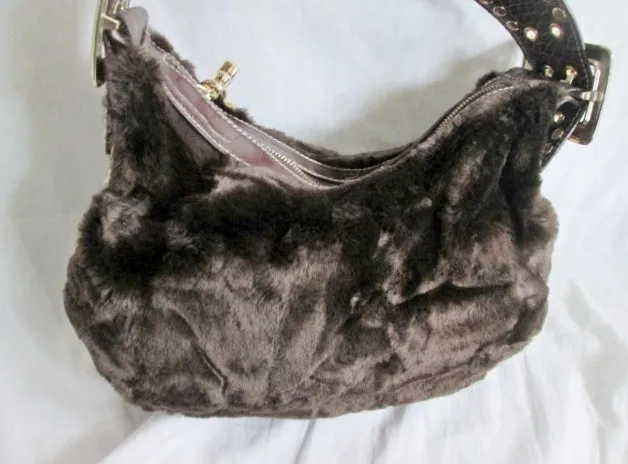 KATHY VAN ZEELAND Faux FUR Vegan Purse Hobo Satchel Clutch Shoulder Bag BROWN