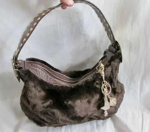 KATHY VAN ZEELAND Faux FUR Vegan Purse Hobo Satchel Clutch Shoulder Bag BROWN