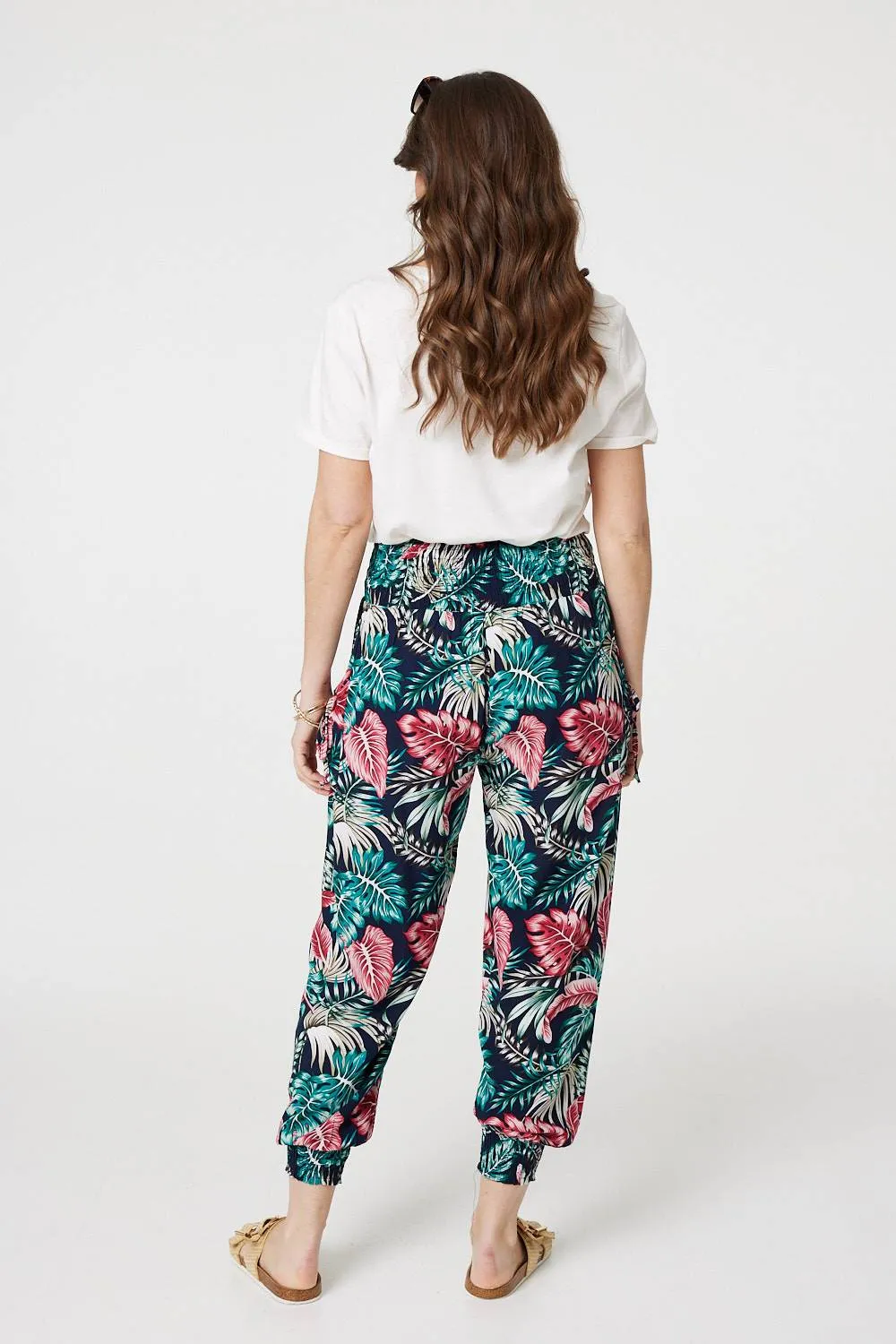 Leaf Print Harem Pants with Pockets