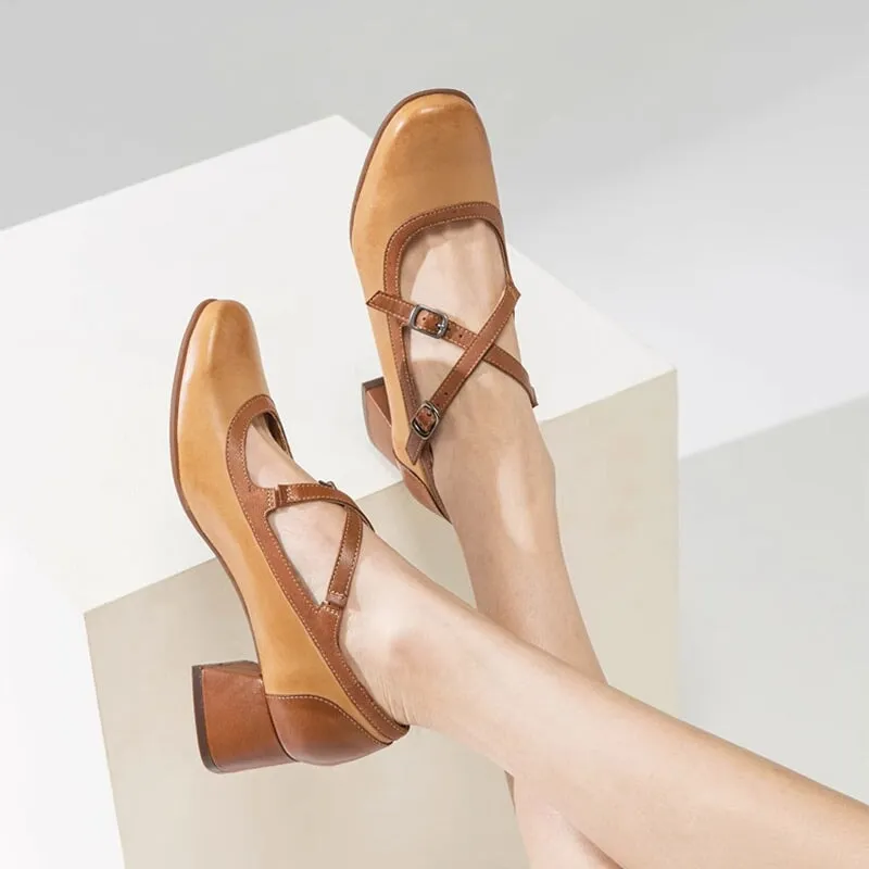 Leather Cross-strap Round Toe Mary Jane Shoes Block Heel Color Blocking in Beige/Brown