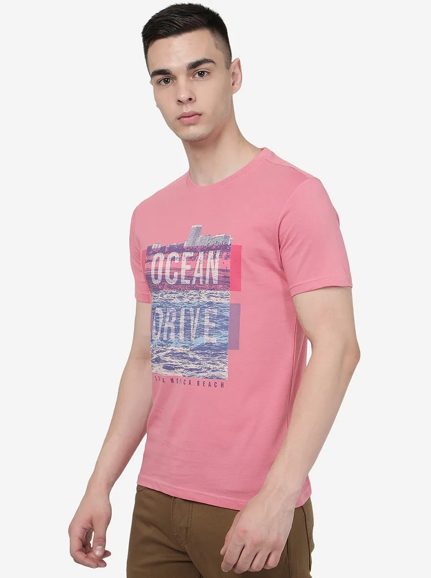 Light Pink Printed Slim Fit T-Shirt | Greenfibre