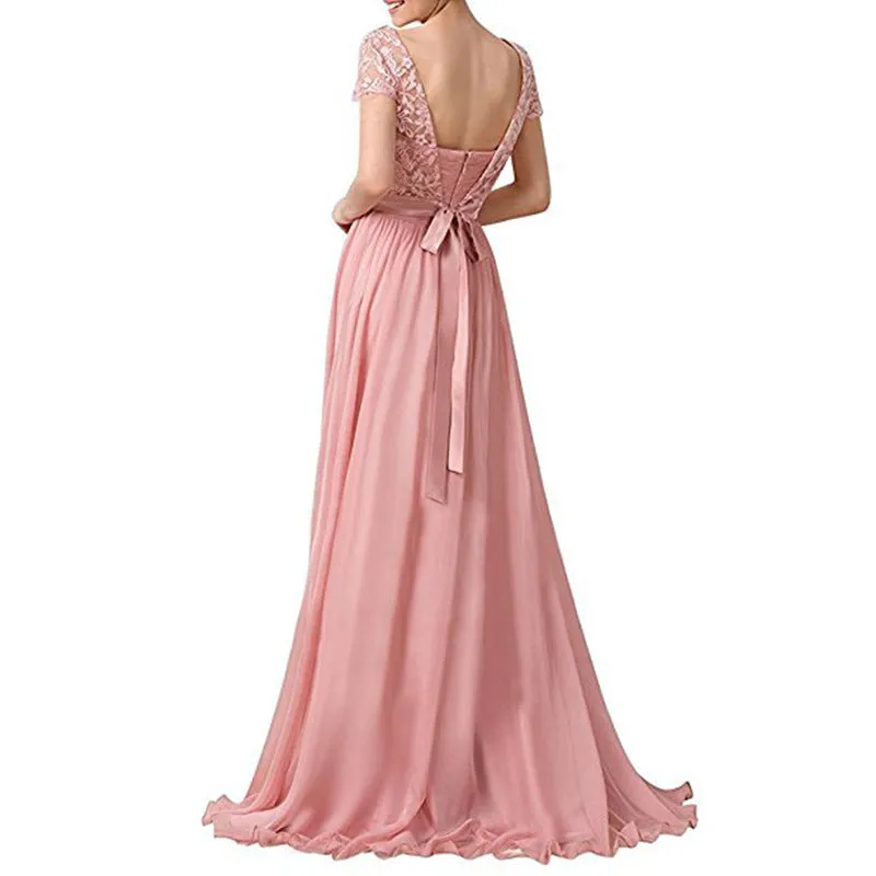 Long Prom Dress Evening Maxi Dress Short Sleeve Long Bridesmaid Gowns