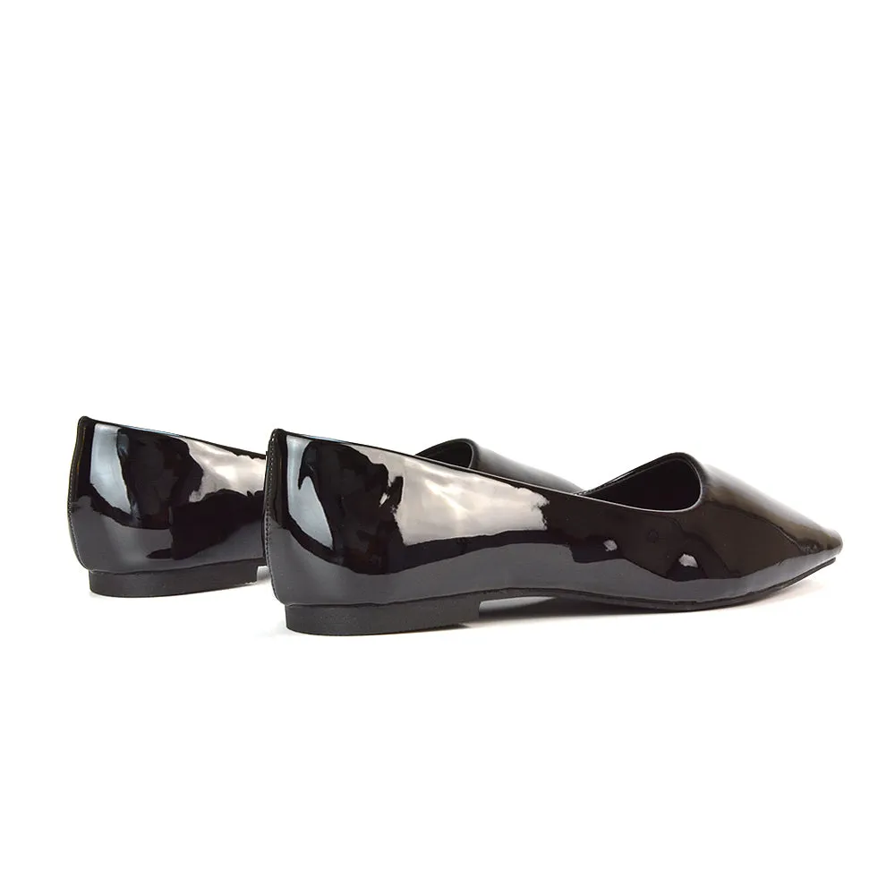 Maci Square Toe Slip on Flat Heel Ballerina Pumps in Black Synthetic Leather