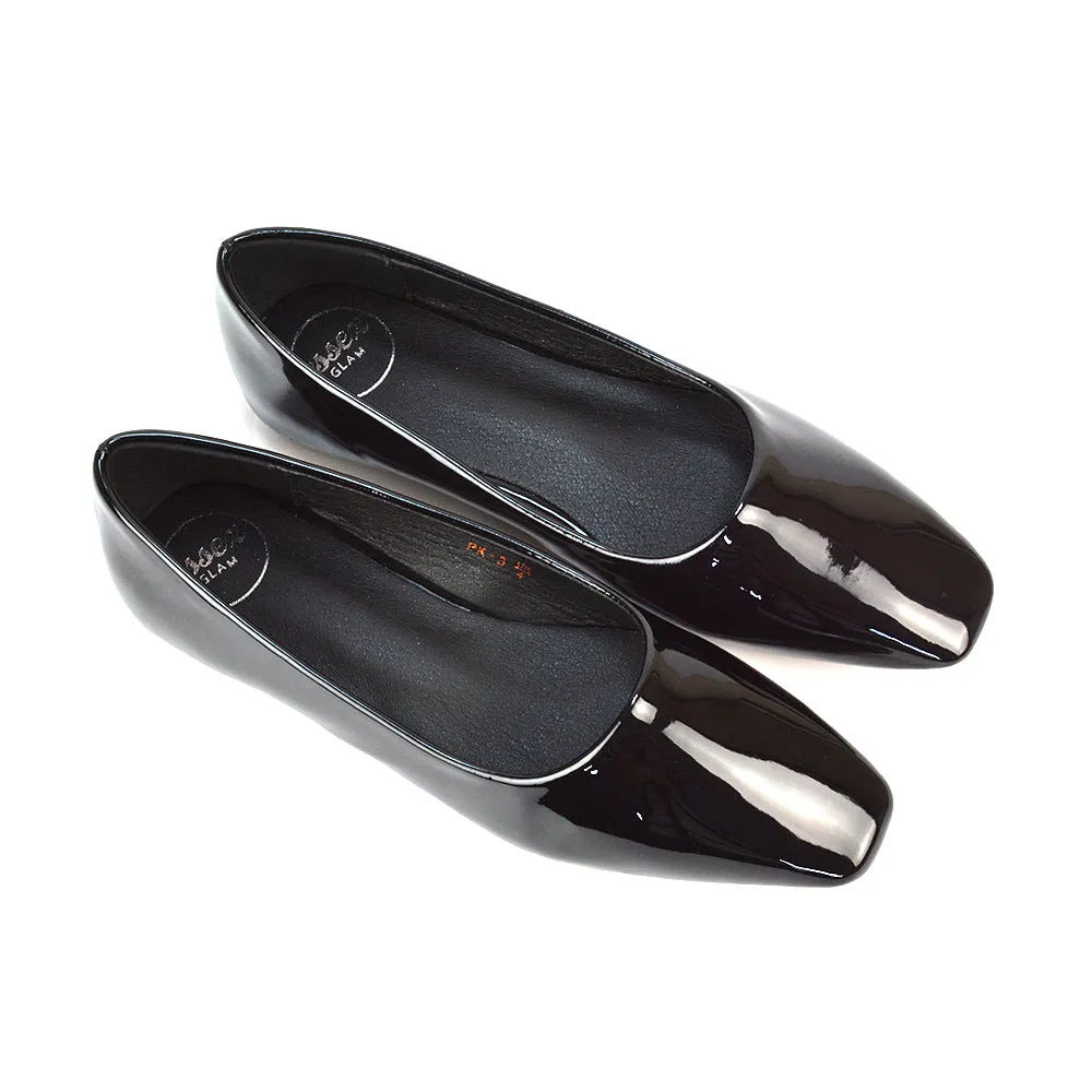 Maci Square Toe Slip on Flat Heel Ballerina Pumps in Black Synthetic Leather