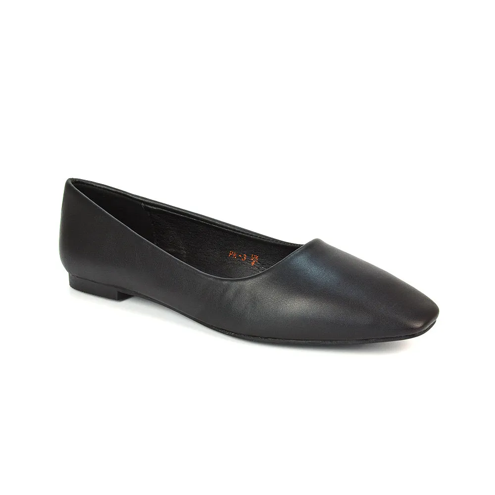 Maci Square Toe Slip on Flat Heel Ballerina Pumps in Black Synthetic Leather