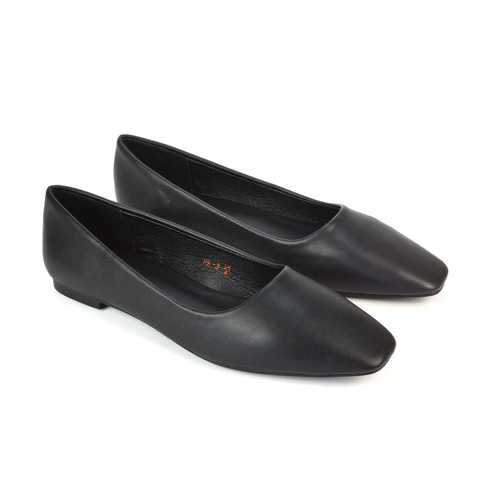 Maci Square Toe Slip on Flat Heel Ballerina Pumps in Black Synthetic Leather