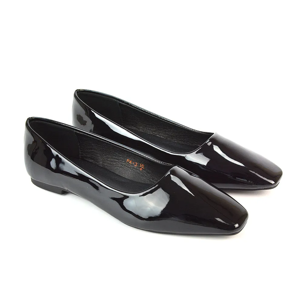 Maci Square Toe Slip on Flat Heel Ballerina Pumps in Black Synthetic Leather