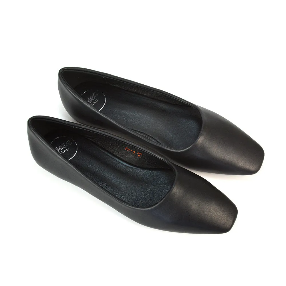 Maci Square Toe Slip on Flat Heel Ballerina Pumps in Black Synthetic Leather