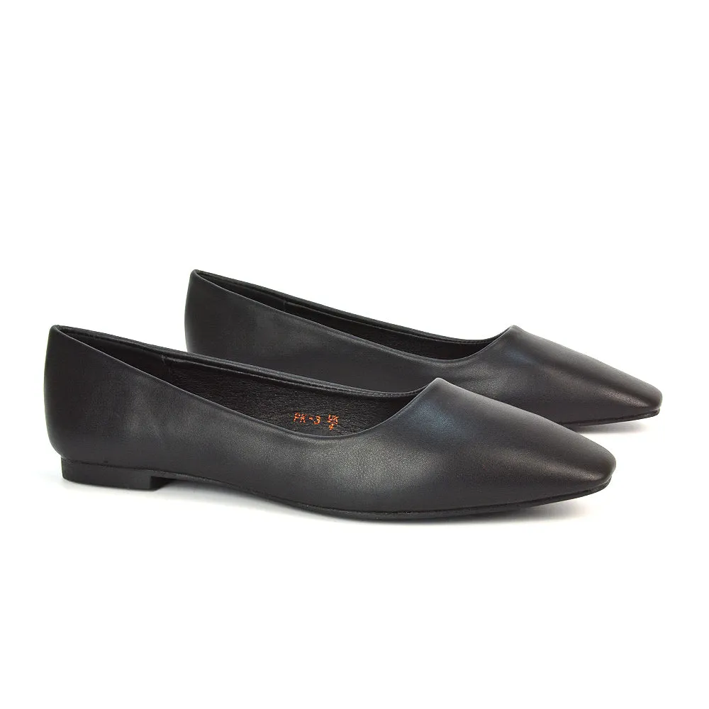 Maci Square Toe Slip on Flat Heel Ballerina Pumps in Black Synthetic Leather