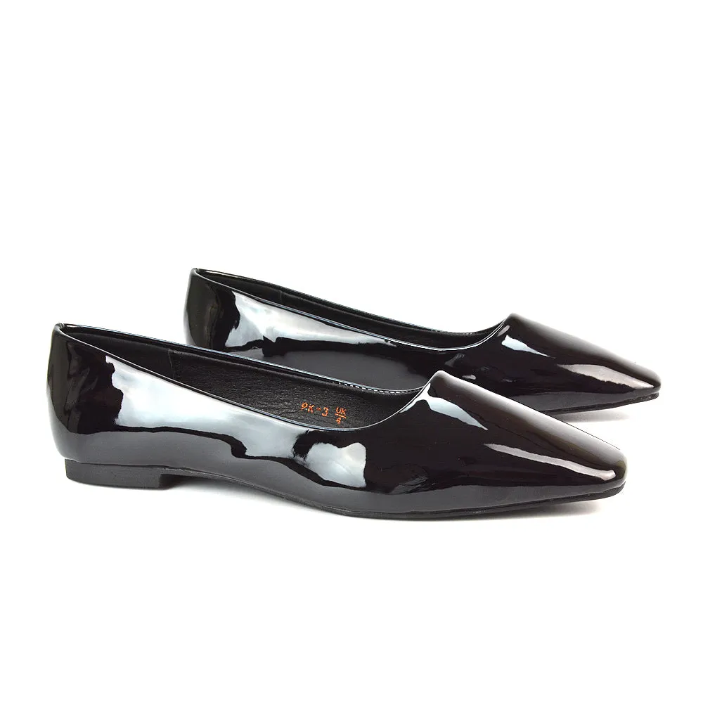 Maci Square Toe Slip on Flat Heel Ballerina Pumps in Black Synthetic Leather