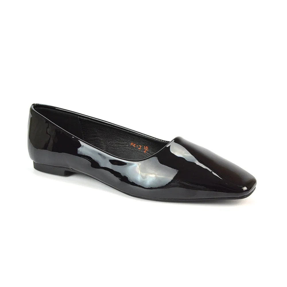 Maci Square Toe Slip on Flat Heel Ballerina Pumps in Black Synthetic Leather