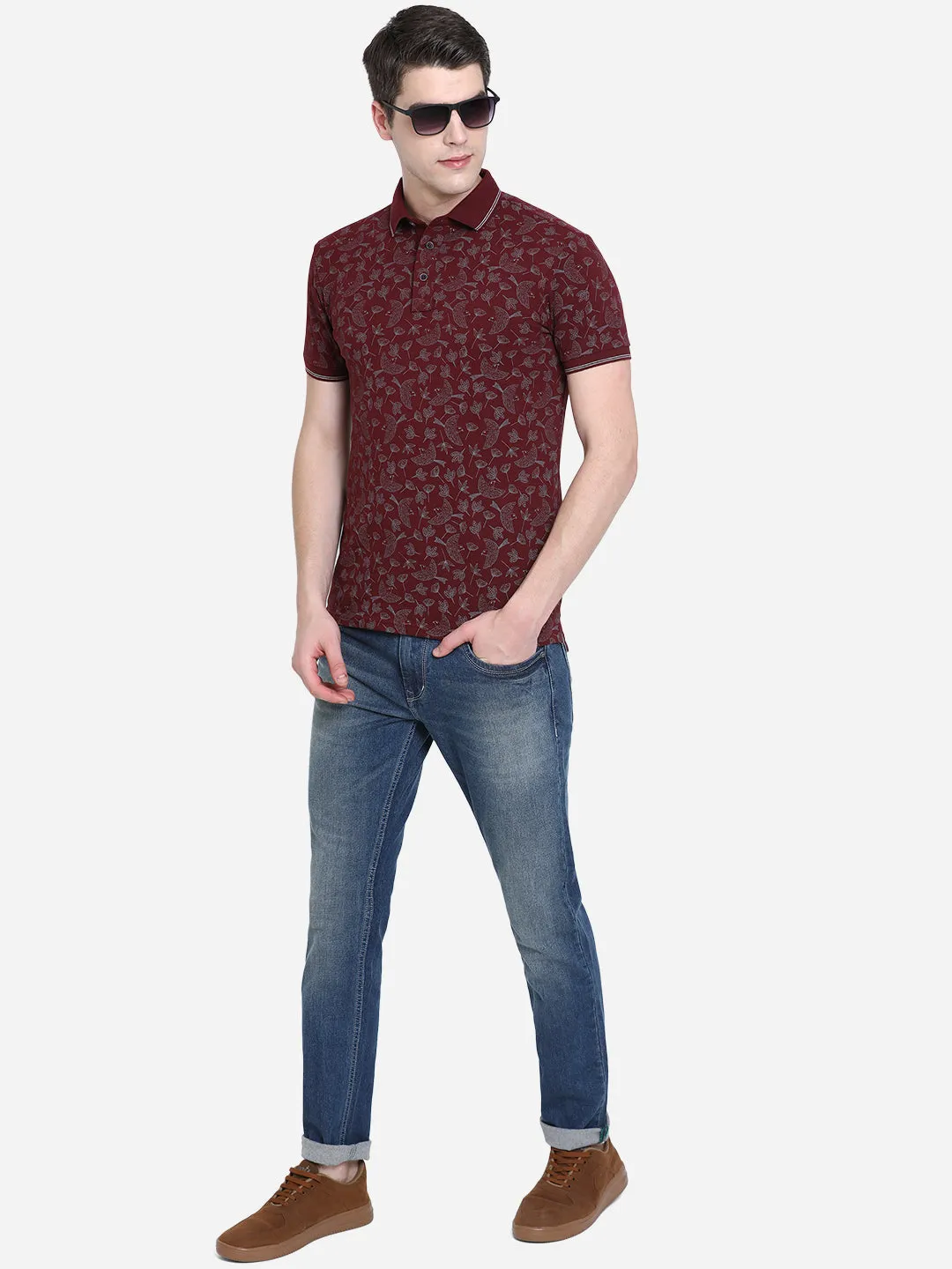 Maroon Printed Slim Fit Polo T-Shirt | JadeBlue