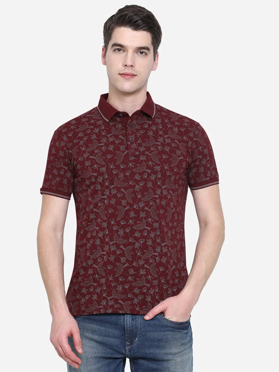 Maroon Printed Slim Fit Polo T-Shirt | JadeBlue