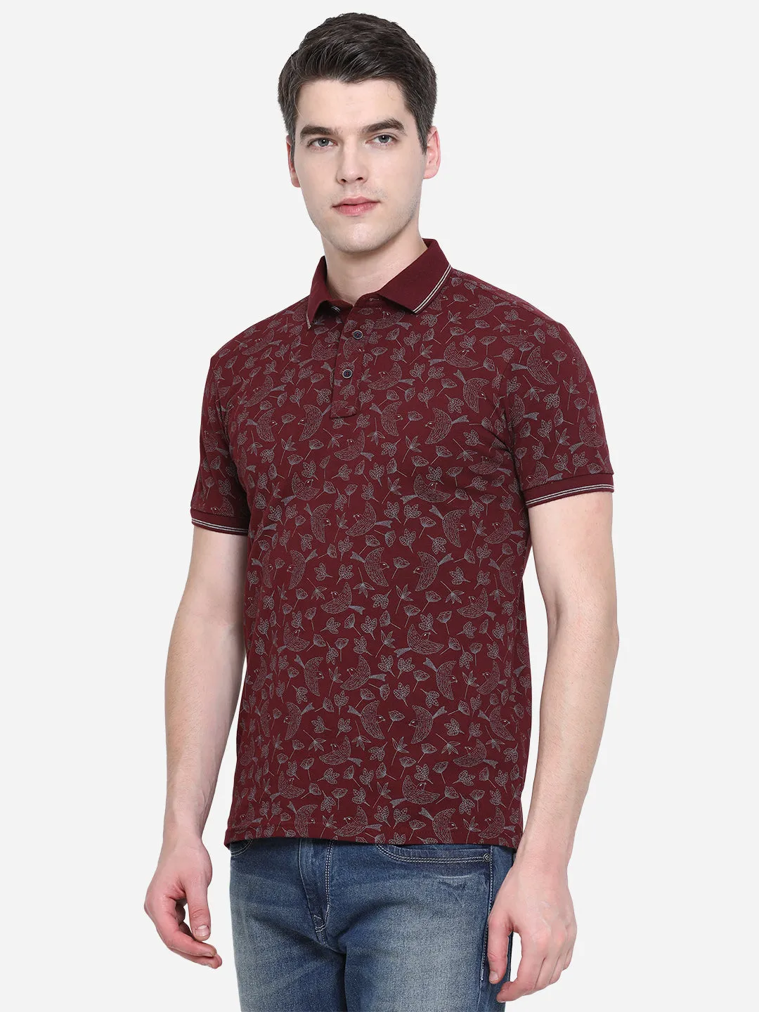 Maroon Printed Slim Fit Polo T-Shirt | JadeBlue