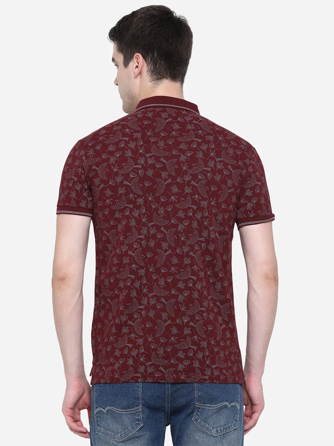 Maroon Printed Slim Fit Polo T-Shirt | JadeBlue