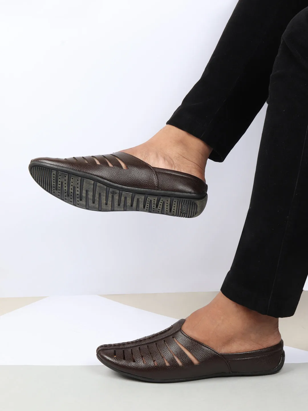 Men Brown Laser Cut Design Back Open Evening Party Ethnic Mules Slip On Shoes