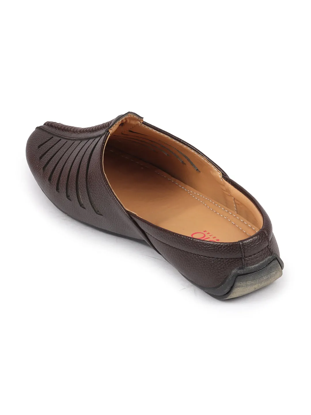 Men Brown Laser Cut Design Back Open Evening Party Ethnic Mules Slip On Shoes