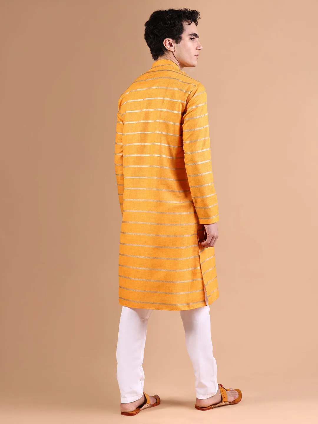 Men Mustard Striped Kurta Set