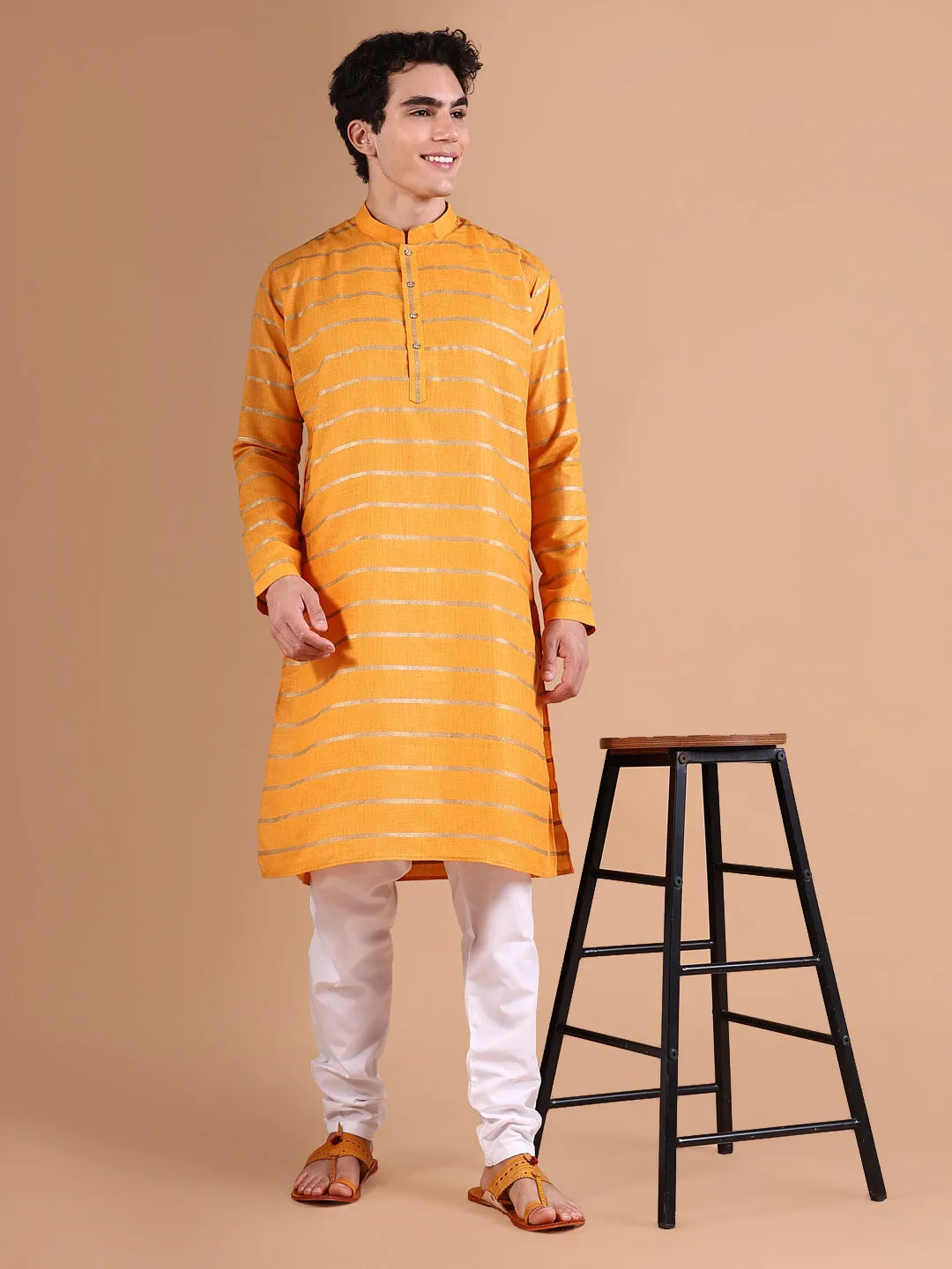 Men Mustard Striped Kurta Set