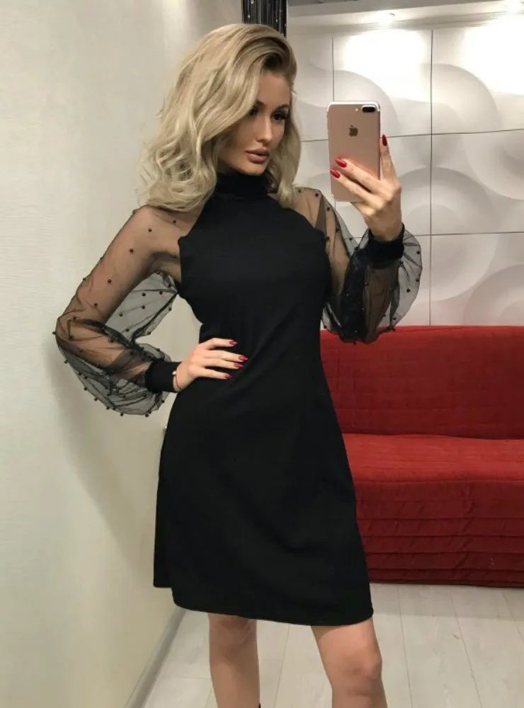 Mesh Sleeve Form Fitting Solid Dress Long Sleeve Mini Party Dress