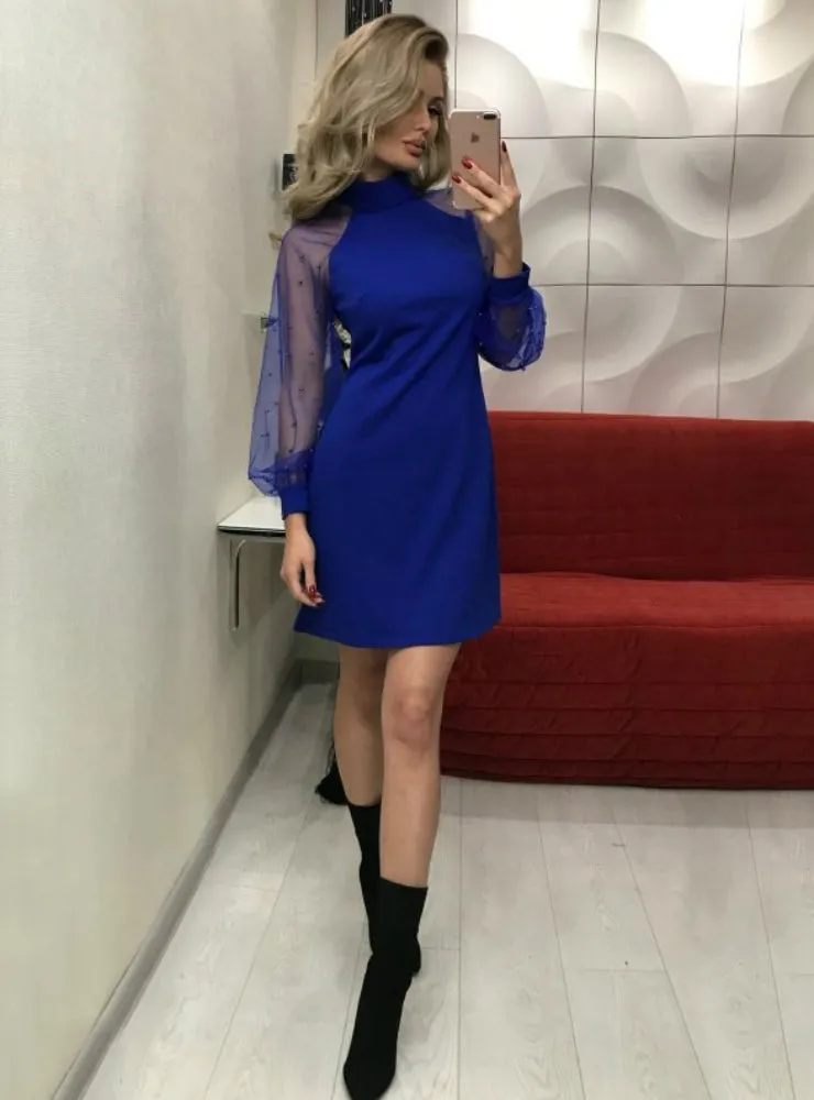 Mesh Sleeve Form Fitting Solid Dress Long Sleeve Mini Party Dress