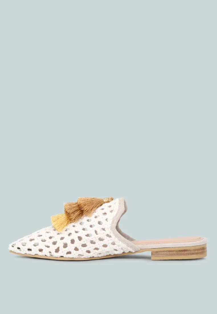 MIRIAM White Woven Metallic Tassel Flat Mules