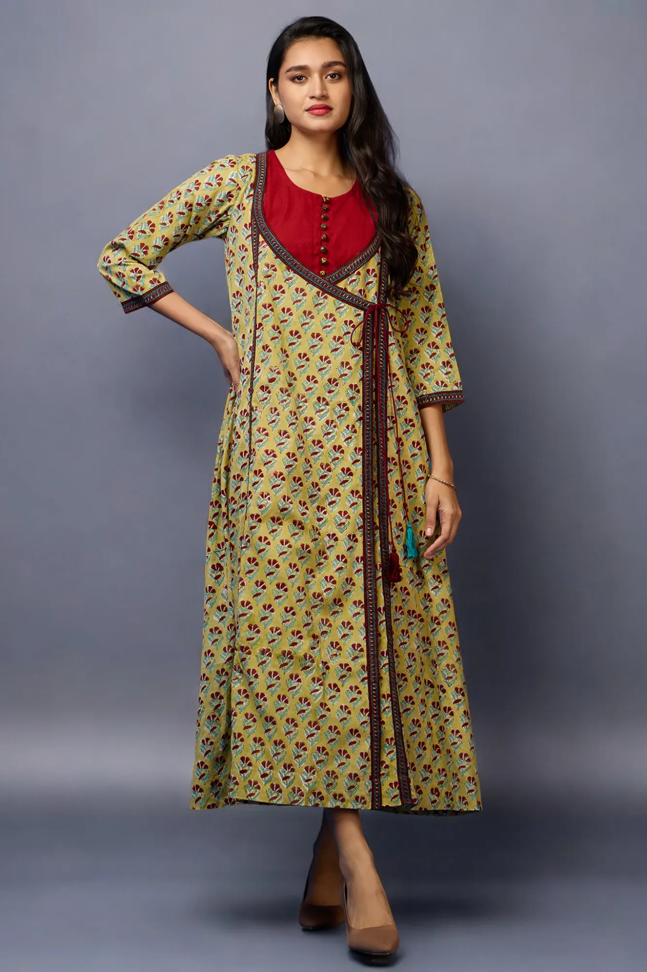 mughal dori angrakha with sleeveless dress - Mint Garden & Ruby Bouquet