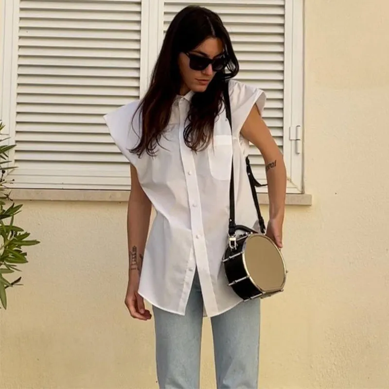 Oversized Cap Sleeve Collared Shirt