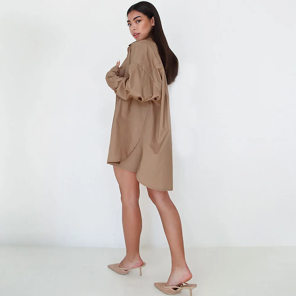 Oversized Color Block Button Down Pocketed Shorts Matching Set - Khaki