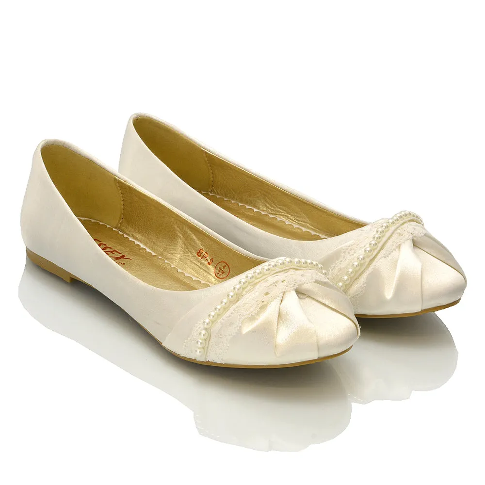 PEARLY BRIDAL FLAT LOW HEEL LACE SPARKLY DIAMANTE WEDDING BALLERINA PUMPS IN IVORY SATIN